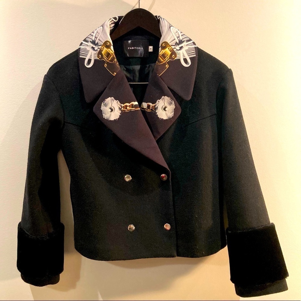FABITORIA Sz 8 Double Breasted Wool Blend Faux Fur Cuffs Lined Blazer Jacket